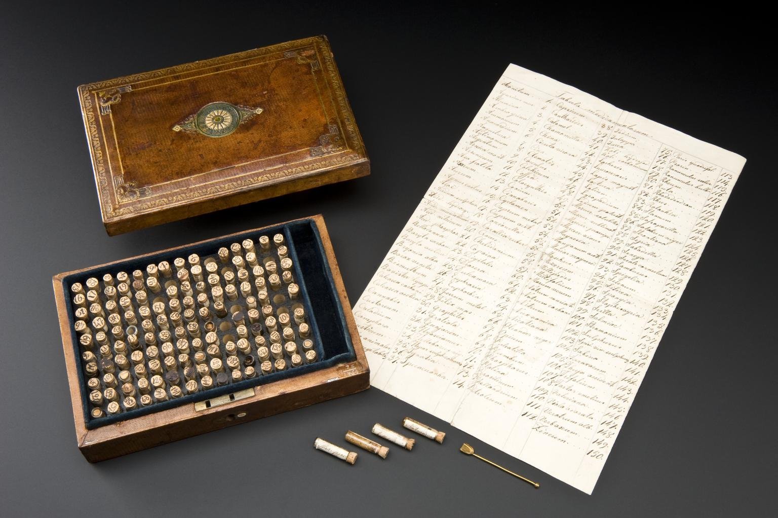 Small homeopathic medicine chest and handwritten list of preparations, possibly English, 1830-1850