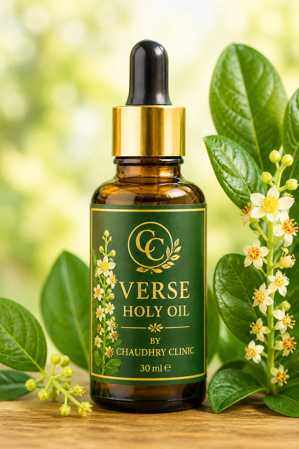 Bottle of Verse Holy Oil placed beside natural herbs and dried fruits used for naturally brightening skin and improving complexion.